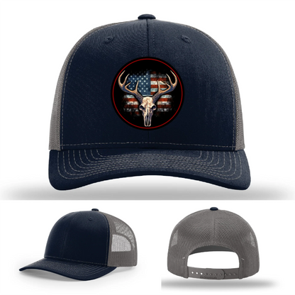Patriotic Buck II Round Leather Patch Hat Deer Skull and Flag