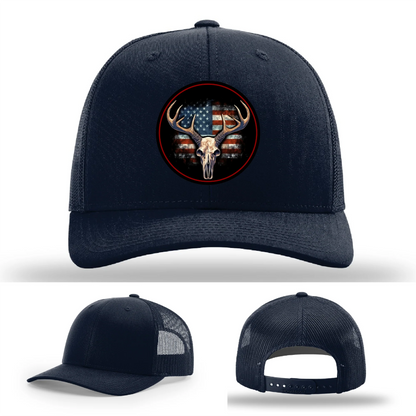 Patriotic Buck II Round Leather Patch Hat Deer Skull and Flag