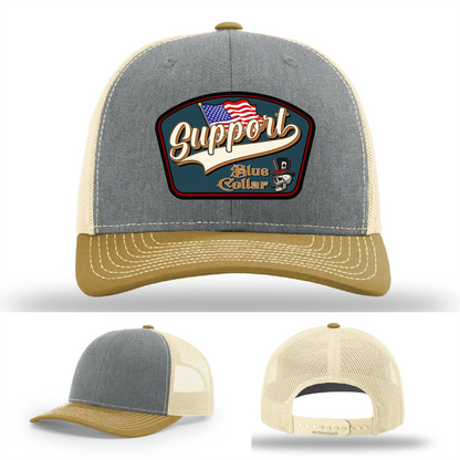 Support Blue Collar Leather Patch Hat American Flag Design