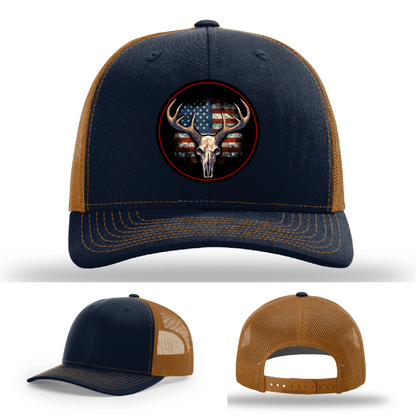 Patriotic Buck II Round Leather Patch Hat Deer Skull and Flag