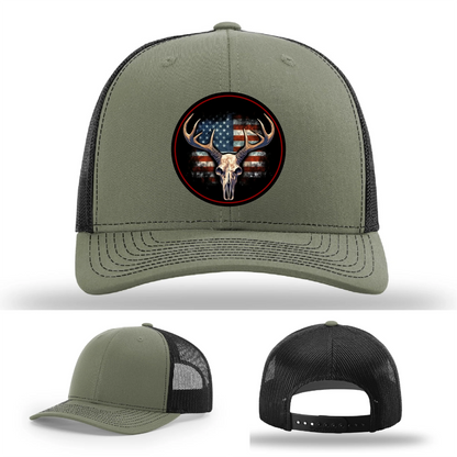 Patriotic Buck II Round Leather Patch Hat Deer Skull and Flag