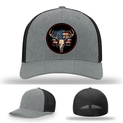 Patriotic Buck II Round Leather Patch Hat Deer Skull and Flag