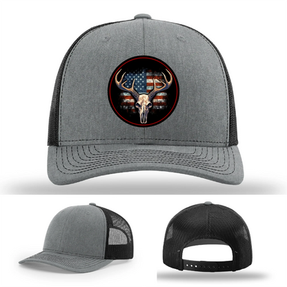 Patriotic Buck II Round Leather Patch Hat Deer Skull and Flag