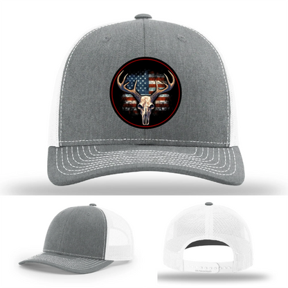 Patriotic Buck II Round Leather Patch Hat Deer Skull and Flag