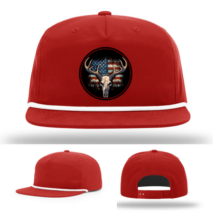 Patriotic Buck II Round Leather Patch Hat Deer Skull and Flag
