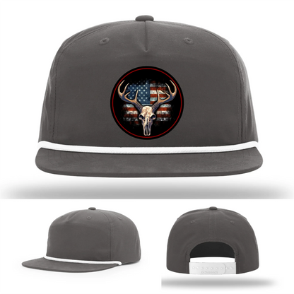 Patriotic Buck II Round Leather Patch Hat Deer Skull and Flag
