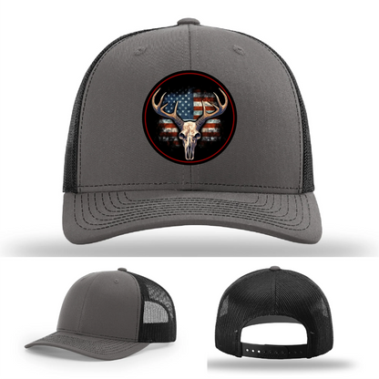 Patriotic Buck II Round Leather Patch Hat Deer Skull and Flag