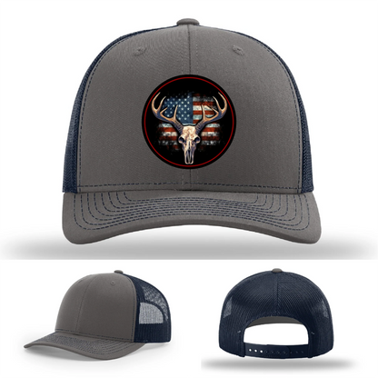 Patriotic Buck II Round Leather Patch Hat Deer Skull and Flag