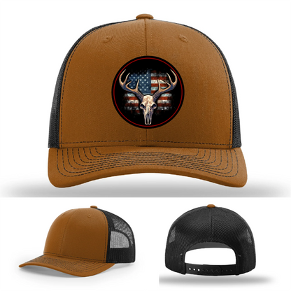 Patriotic Buck II Round Leather Patch Hat Deer Skull and Flag