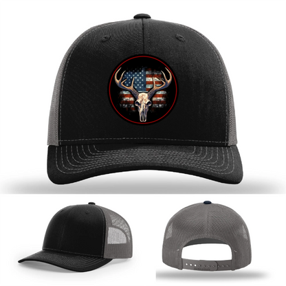 Patriotic Buck II Round Leather Patch Hat Deer Skull and Flag
