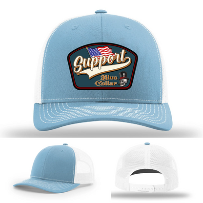 Support Blue Collar Leather Patch Hat American Flag Design
