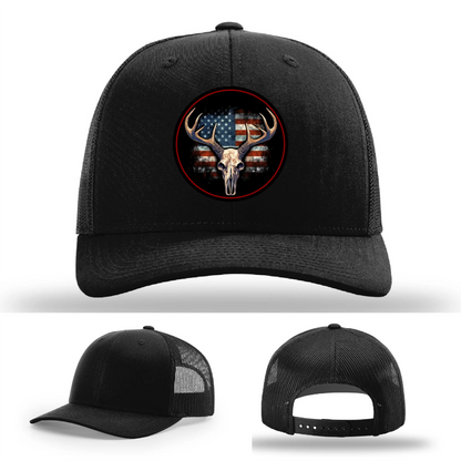 Patriotic Buck II Round Leather Patch Hat Deer Skull and Flag