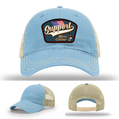 Support Blue Collar Leather Patch Hat American Flag Design