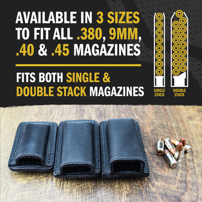 Leather Magazine Holder | Made In USA | Lifetime Warranty | Fits virtually any 9mm, .40, .45 or .380 Pistol Mag | Single or Double Stack | IWB or OWB